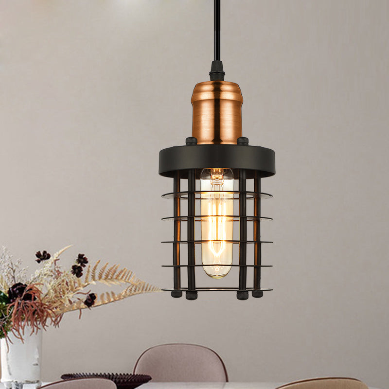 Iron Cylindrical Ceiling Fixture Retro Industrial 1 Head Living Room Hanging Lamp with Wire Cage Shade in Copper/Aged Brass