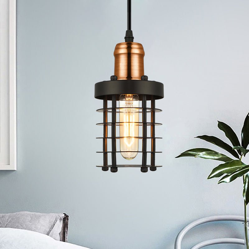 Iron Cylindrical Ceiling Fixture Retro Industrial 1 Head Living Room Hanging Lamp with Wire Cage Shade in Copper/Aged Brass