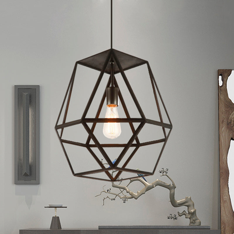 1 Head Pendant Light Industrial Polygon Metal Shade Hanging Light Fixture with Wire Guard in Black