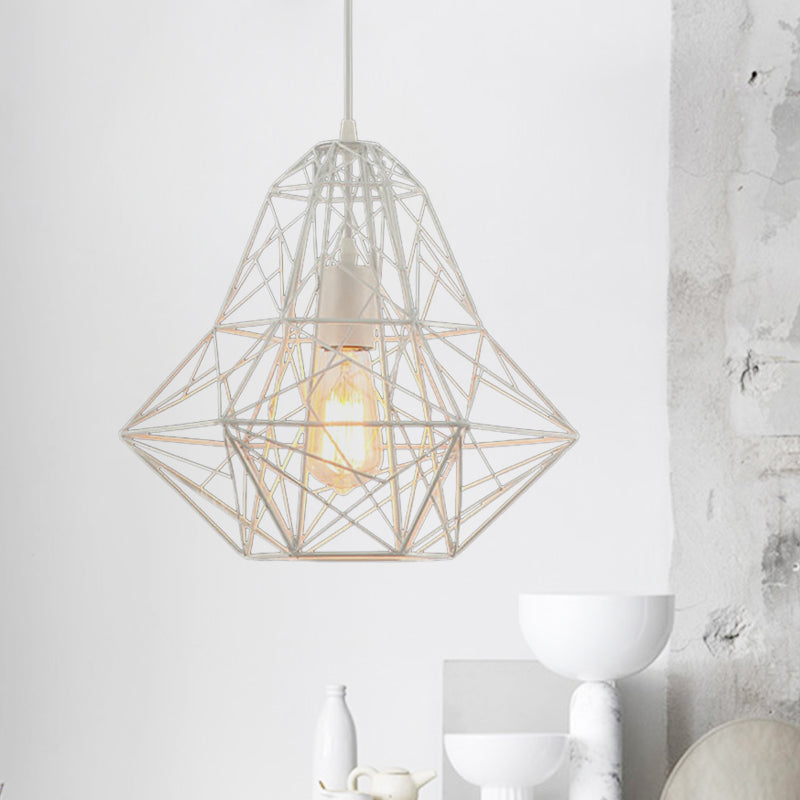 Cage industrielle Diamond Pendant Lighting 1 tête lampe de suspension métallique en noir / blanc pour salle à manger, 16 "/19,5" dia