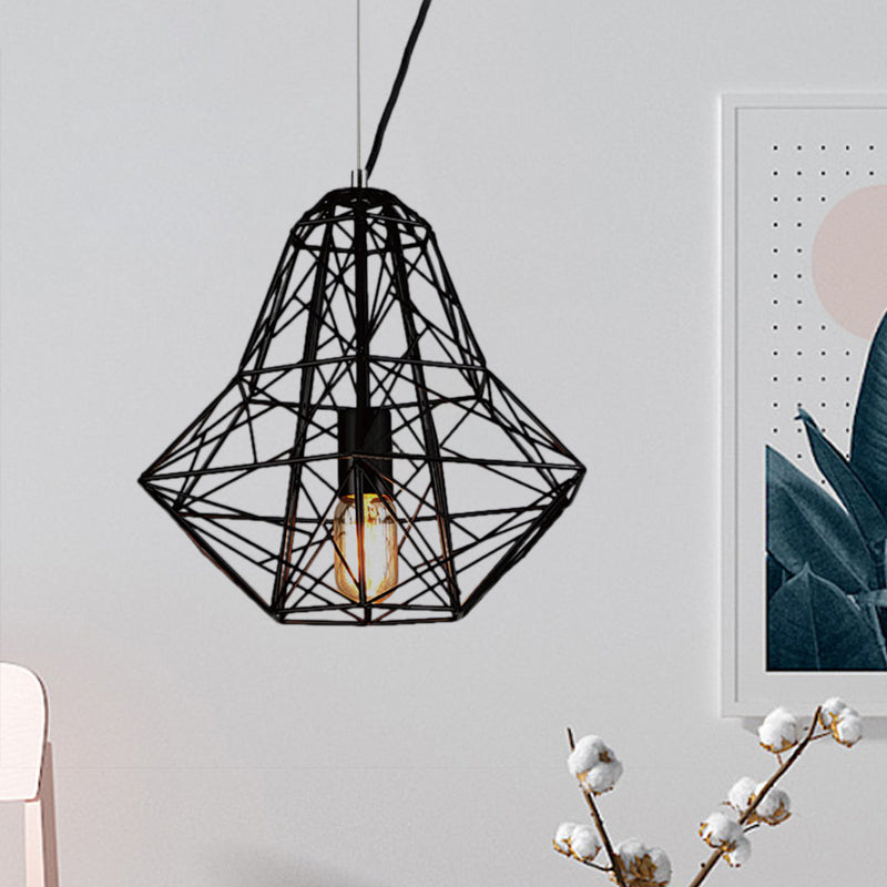 Industriekäfig Diamant Anhänger Beleuchtung 1 Kopf Metallic Hanging Lampe in Schwarz/Weiß für Esszimmer, 16 "/19,5" Dia