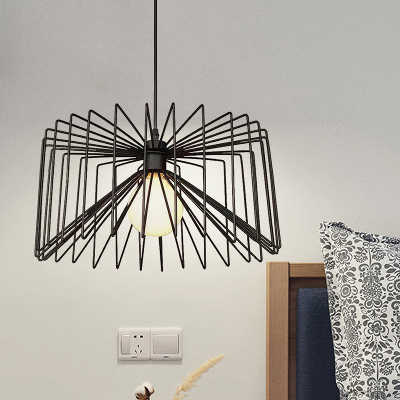 1 Bulb Hanging Lamp with Metal Cage Shade Retro Industrial Living Room Pendant Ceiling Light in Black