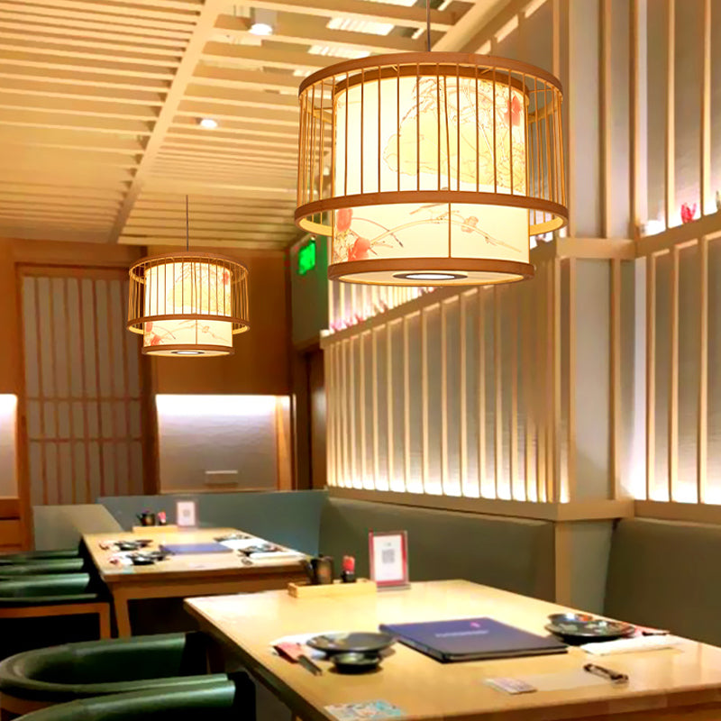 Asian Style Restaurant Pendant Light Cylindrical Bamboo Drop Lamp with Printed Shade