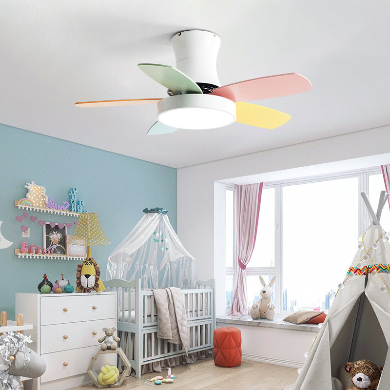 Frequency Conversion LED Ceiling Fan Light Macaron Children's Bedroom Semi Flush Light