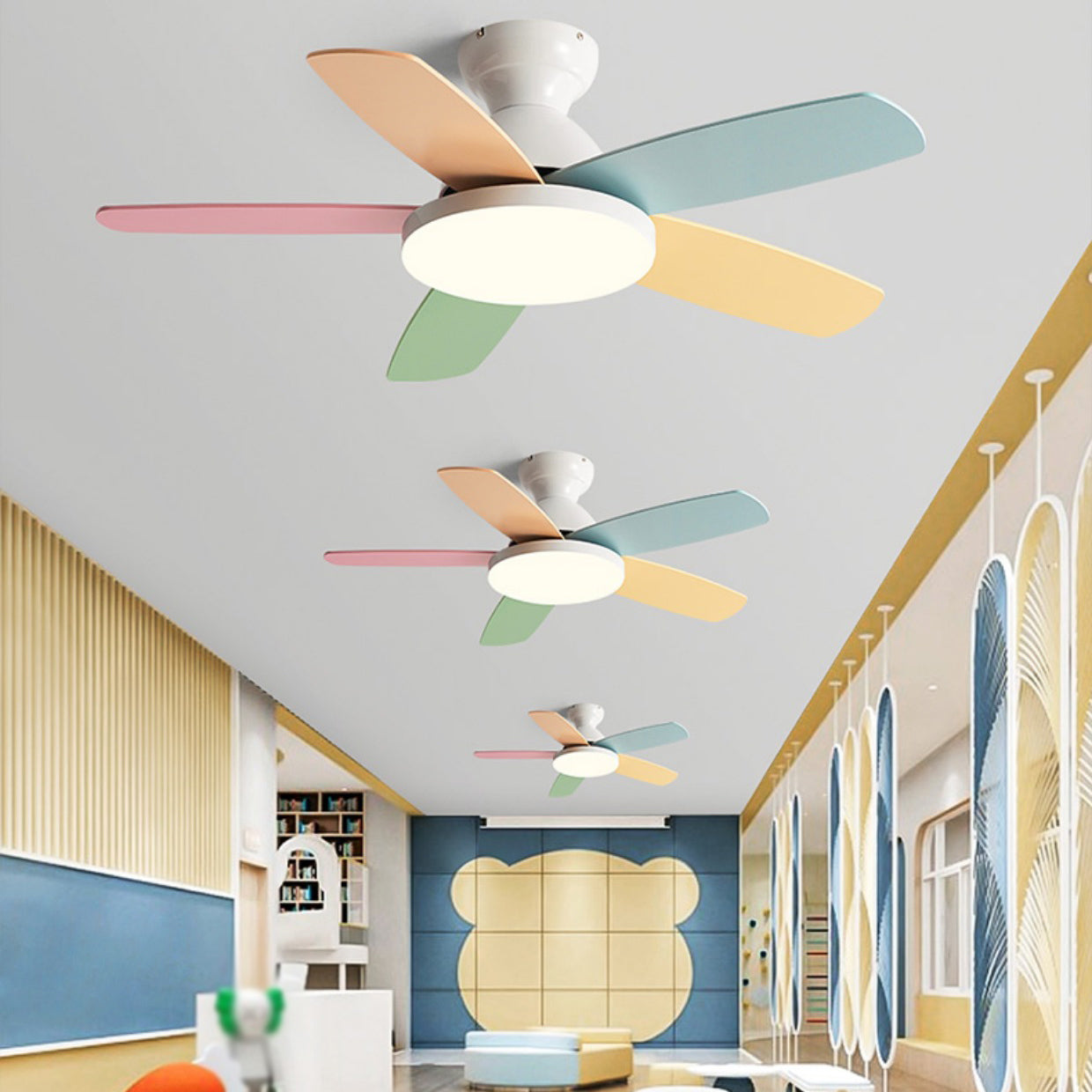 5-Blade Colorful Fan Light Macaron Child Room Semi Flush Mount Light Fixture