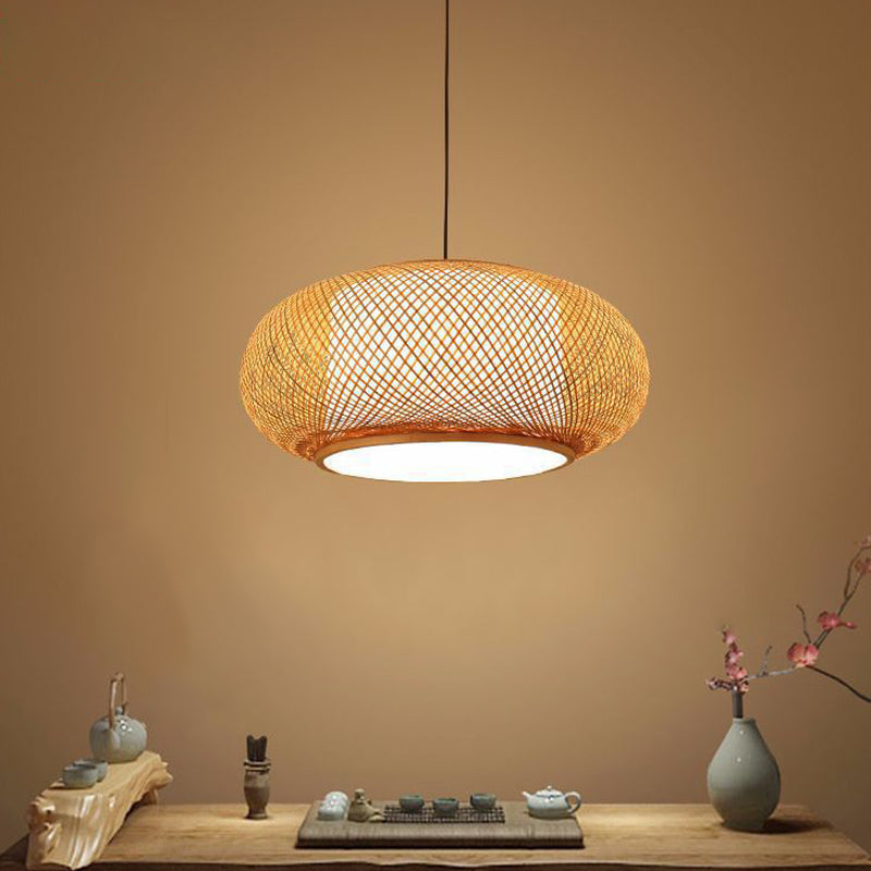 Drum beige giù a sospensione cinese in bambù appeso al soffitto con 1 luce