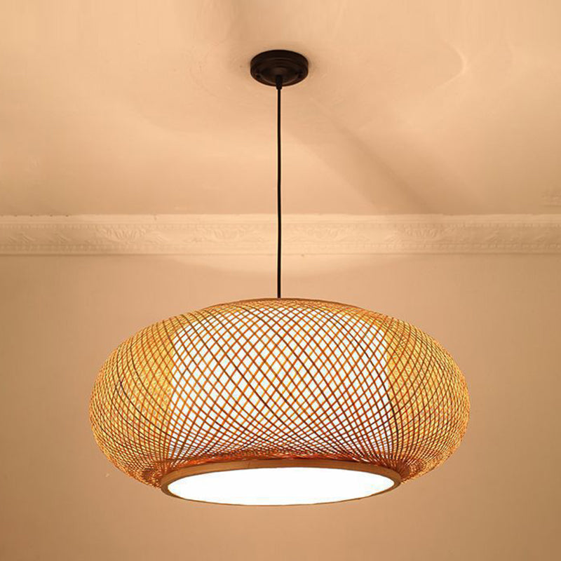 Drum Beige Down Pendant Chinese Bamboo Hanging Ceiling Light with 1 Light