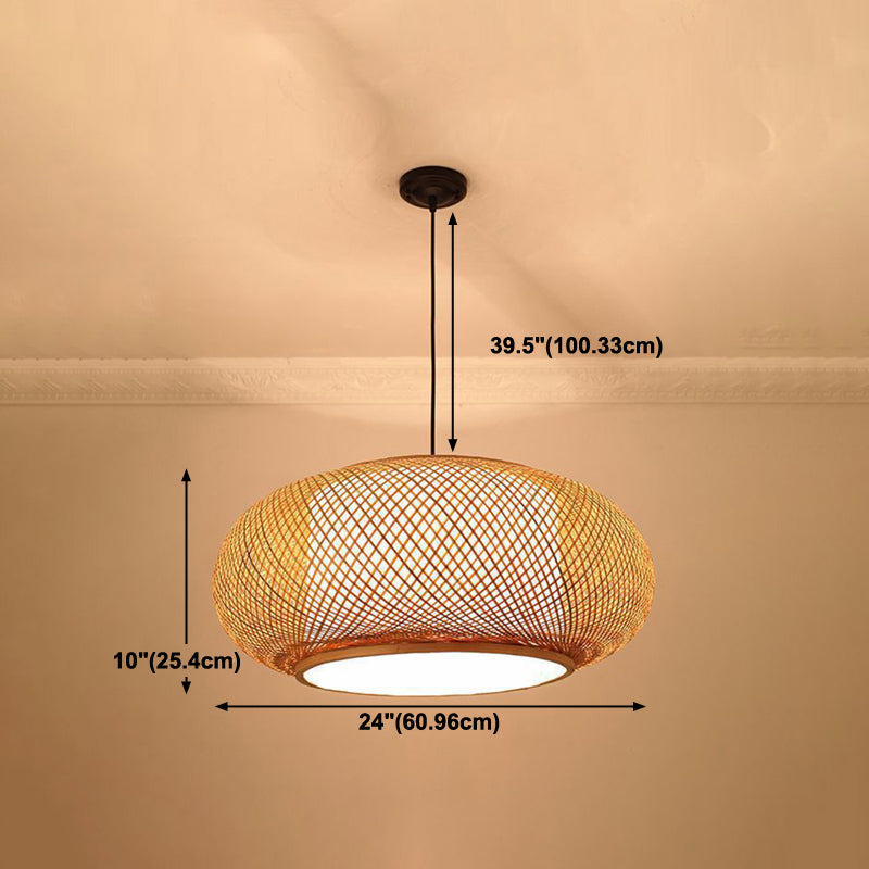 Drum beige giù a sospensione cinese in bambù appeso al soffitto con 1 luce