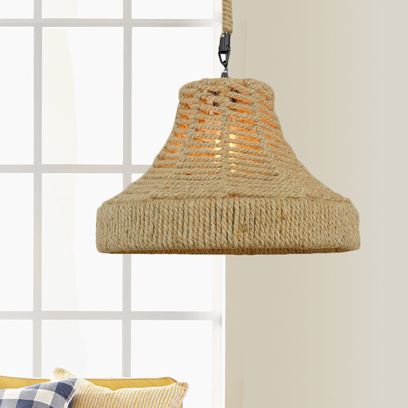 Rope Flared/Bowl Cage Shade Pendant Light Vintage Industrial 1 Head Restaurant Hanging Lamp in Beige