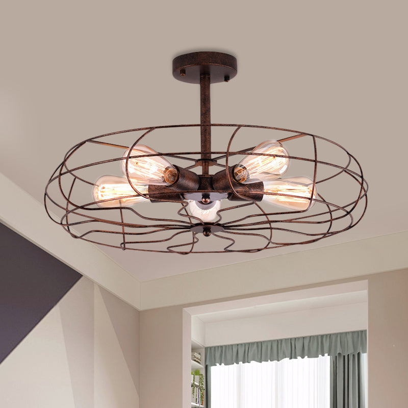 Fan Shaped Iron Ceiling Light with Wire Cage Shade Vintage 5 Lights Living Room Semi Flush Mount Light in Rust/Black