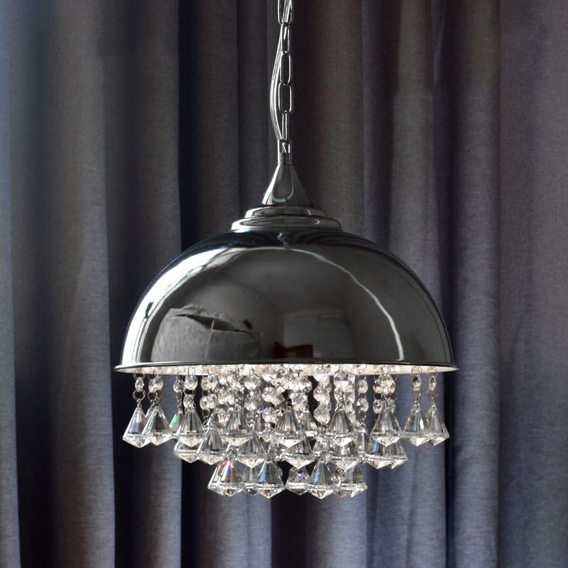 1 Bulb Dome Pendant Light Fixture Industrial Black/Chrome Metal Hanging Light with Crystal Bead