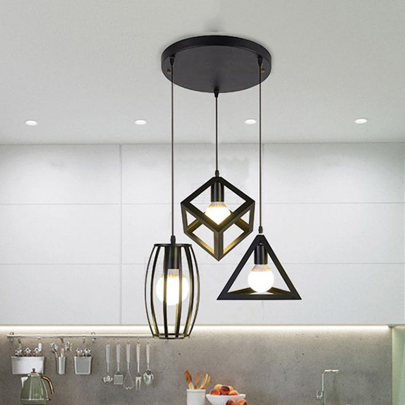 3 Heads Pendant Lighting with Different Cage Shade Metal Retro Stylish Kitchen Hanging Lamp in Black, Round/Linear Canopy