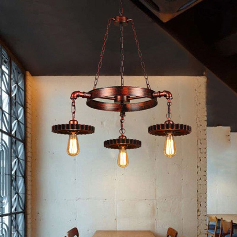 3/7 Heads Gear Pendant Lighting with Open Bulb Antique Style Dark Rust Metal Chandelier Light Fixture for Restaurant