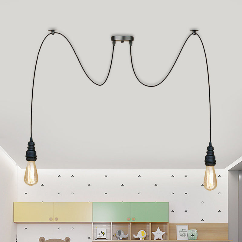 Industrial Style Swag Hanging Lamp 2/3 Heads Metal Pendant Ceiling Light with Exposed Bulb in Black Finish