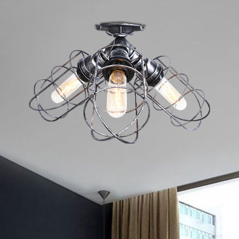 3 lumières Semi Flush Light avec cadre métallique en fer forgé de fer rustique élégant semi-luxueuse Pendante Lumière en bronze / argent âgé