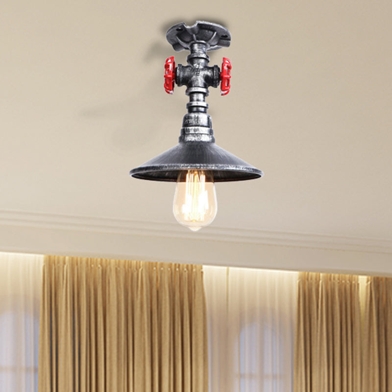 Cone Iron Semi-Flush Ceiling Light Loft Industrial 1 Light Bedroom Ceiling Lamp with Red Faucet Valve in Black/Bronze