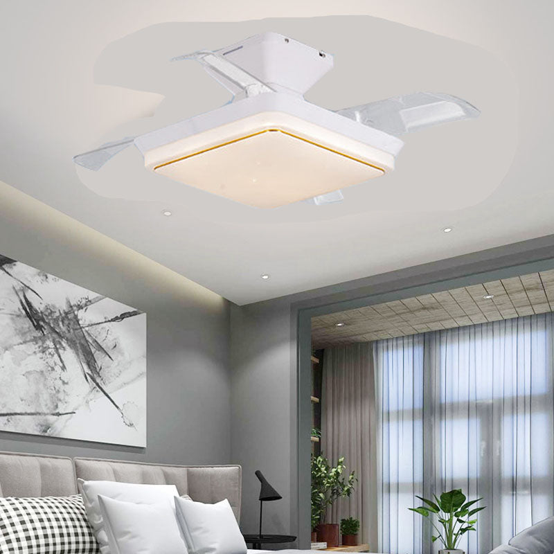 Minimalist Square LED Ceiling Fan Lamp Dining Room Semi Flush Light Fixture in White