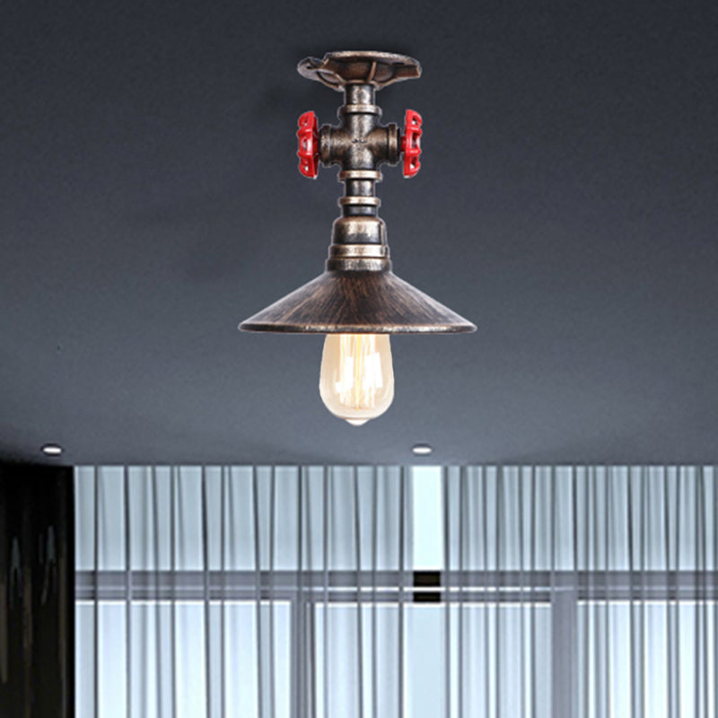 Cone Iron Semi-Flush Ceiling Light Loft Industrial 1 Light Bedroom Ceiling Lamp with Red Faucet Valve in Black/Bronze