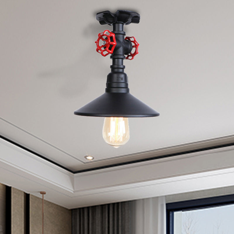 Cone Iron Semi-Flush Ceiling Light Loft Industrial 1 Light Bedroom Ceiling Lamp with Red Faucet Valve in Black/Bronze