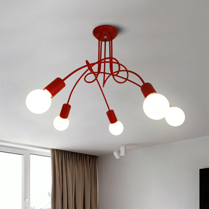 Red Twisted Semi Flush Light Industrial Loft Metal 5 Light Semi Flush Mount Light