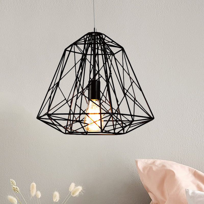 1 Head Ceiling Hanging Light Retro Style Geometric Cage Shade Metallic Suspension Lamp in Black/White