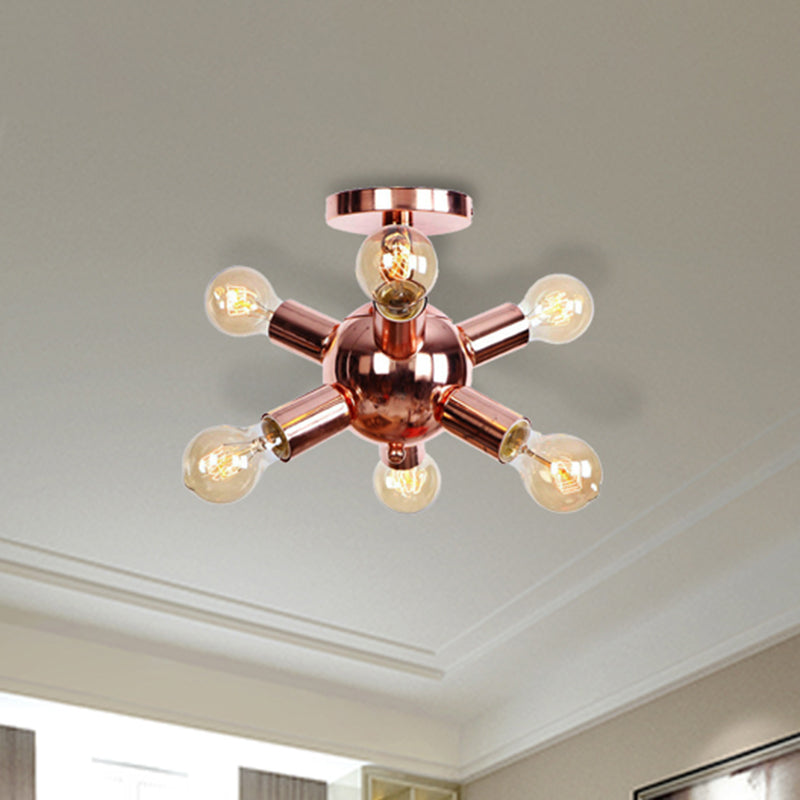 6/9 Heads Starburst Semi Flush Ceiling Light Vintage Copper Metal Semi Flush Light with Bare Bulb for Restaurant