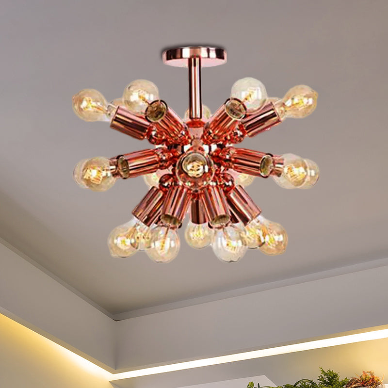 6/9 Heads Starburst Semi Flush Ceiling Light Vintage Copper Metal Semi Flush Light with Bare Bulb for Restaurant