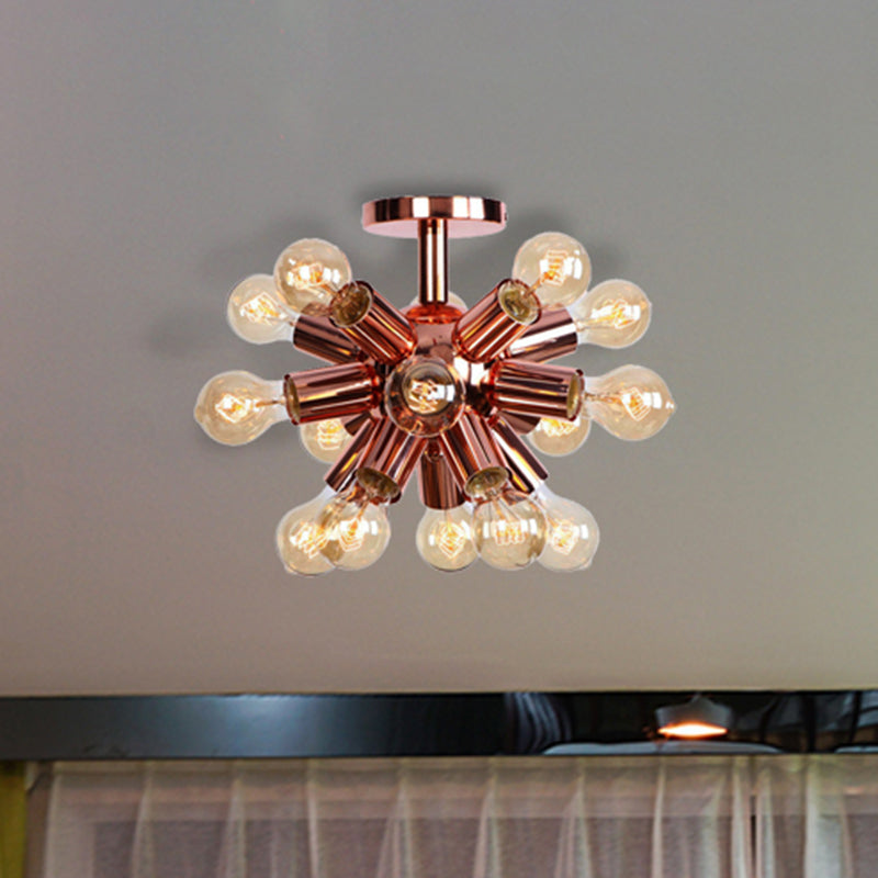 6/9 Heads Starburst Semi Flush Ceiling Light Vintage Copper Metal Semi Flush Light with Bare Bulb for Restaurant