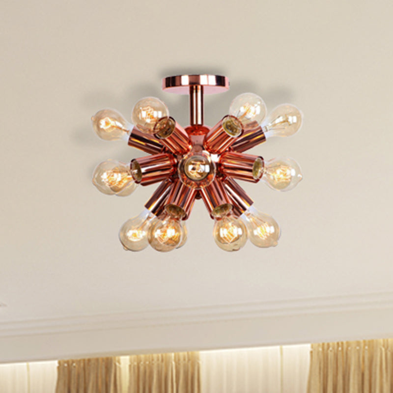 6/9 Heads Starburst Semi Flush Ceiling Light Vintage Copper Metal Semi Flush Light with Bare Bulb for Restaurant