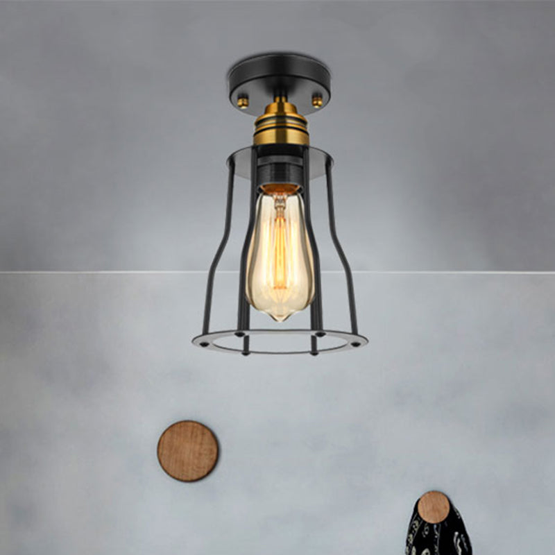 Industrial Stylish Wire Guard Ceiling Light 1 Light Metallic Semi Flush Light in Brass/Antique Brass for Hallway