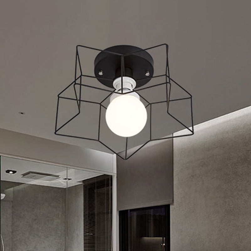 1 plafond étoile de bulbe Lumière montée avec une nuance à cage noire industrielle / blanc métal semi-flush lumière pour chambre à coucher