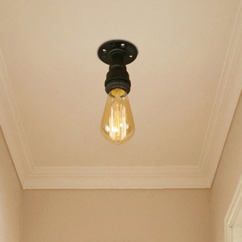 1 Bulb Piping Semi Flush Light with Bare Bulb Industrial Black Metallic Mini Semi Flush Light for Corridor