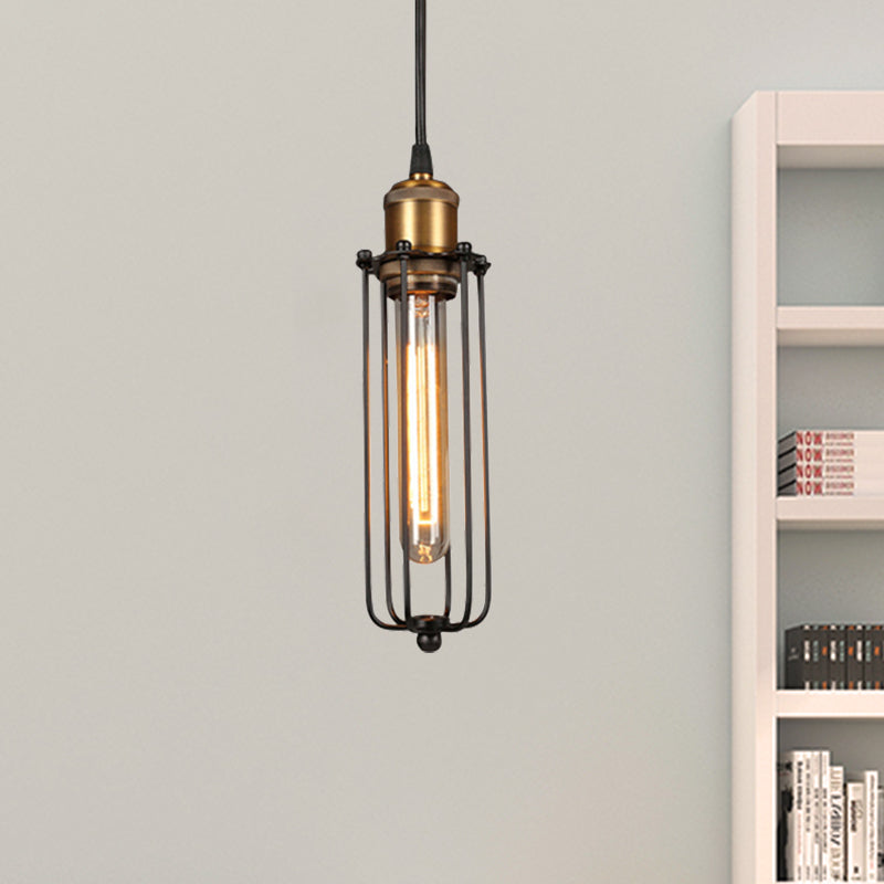 1 Head Tubed Pendant Lighting with Cage Shade Industrial Brass Finish Metal Hanging Ceiling Light