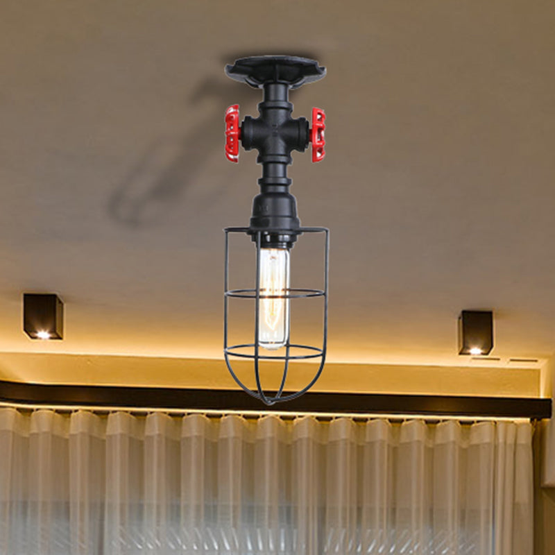 Wire Cage Metal Semi Flush Light with Valve Nautical Stylish 1 Light Living Room Ceiling Light Fixture in Black/Bronze