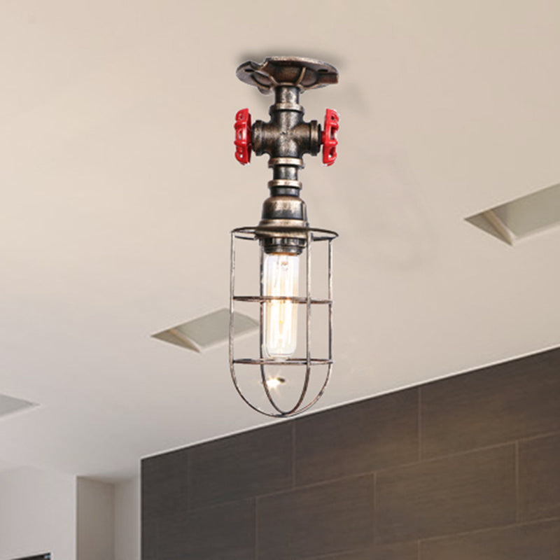 Wire Cage Metal Semi Flush Light with Valve Nautical Stylish 1 Light Living Room Ceiling Light Fixture in Black/Bronze