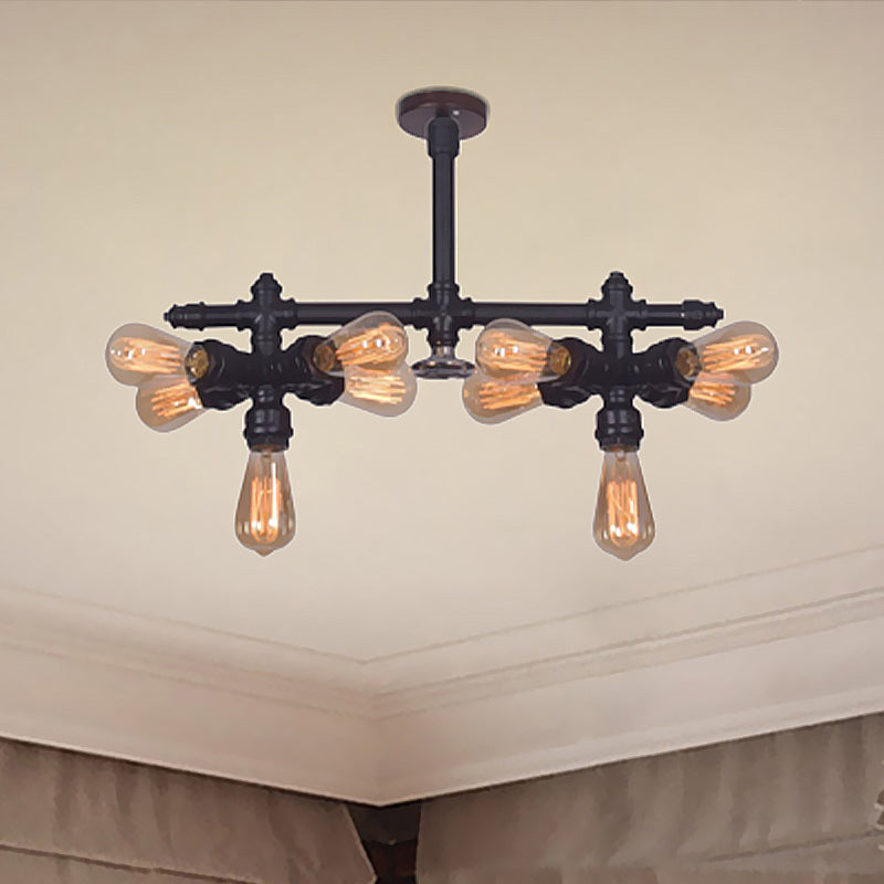 Steampunk Open Bulb Semi Flush Light with Pipe 10-Light Metallic Ceiling Light Fixture in Black for Living Room