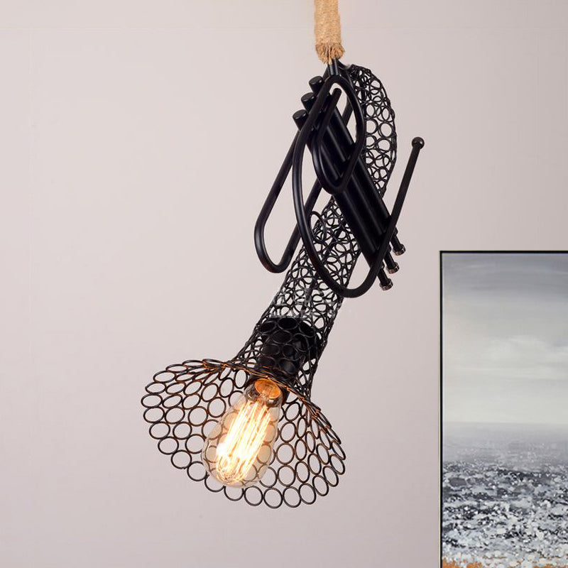 Pendre de trompette métallique avec une teinte en maille et une corde Rustic Retro 1 Balcone de lumière suspendue en noir