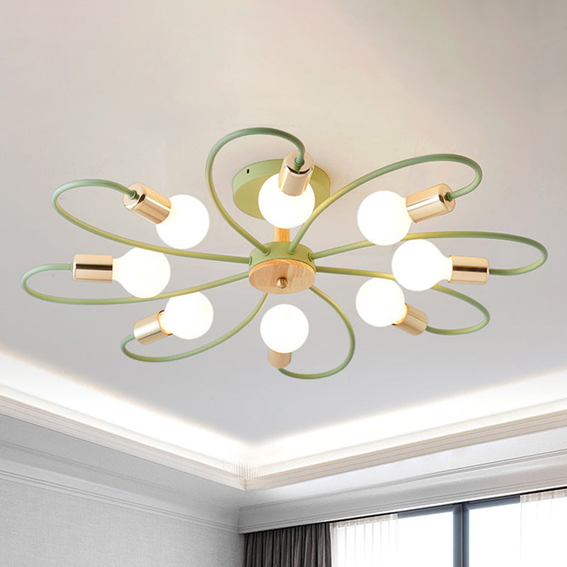 Metal Swirl Semi Flush Mount Lighting Industrial 3/6 Lights Living Room Ceiling Mounted Fixture in Grey/Green