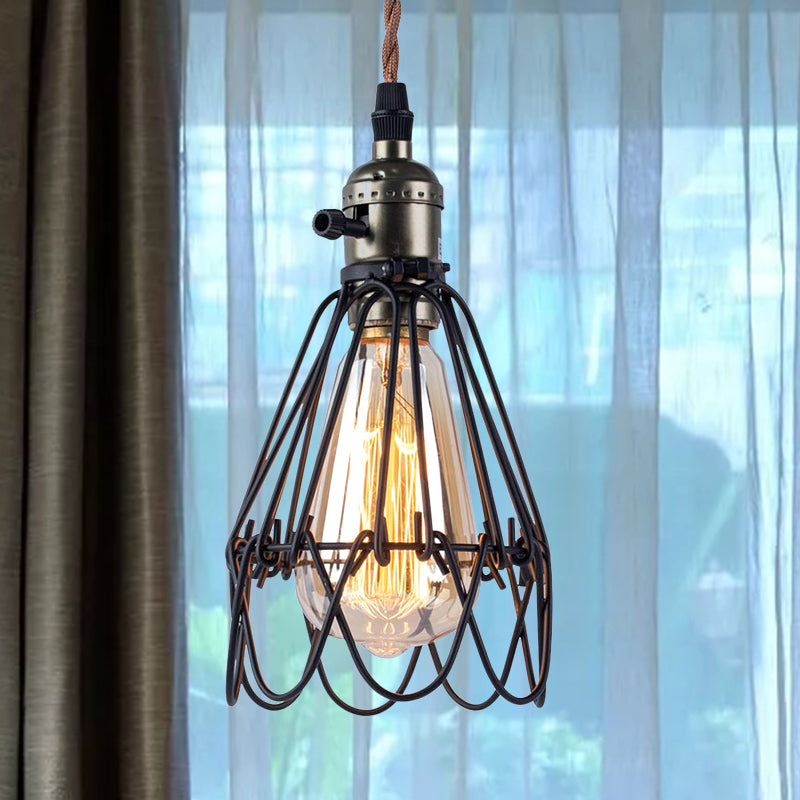 Open Caged Metallic Pendant Lighting Rustic Industrial 1 Bulb Living Room Hanging Light in Black