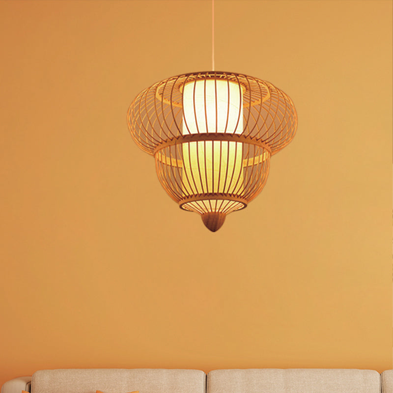 Beige Lantern Hanging Pendant for Restaurant Asian Bamboo Single Head Hanging Light, 16"/19.5" Diameter