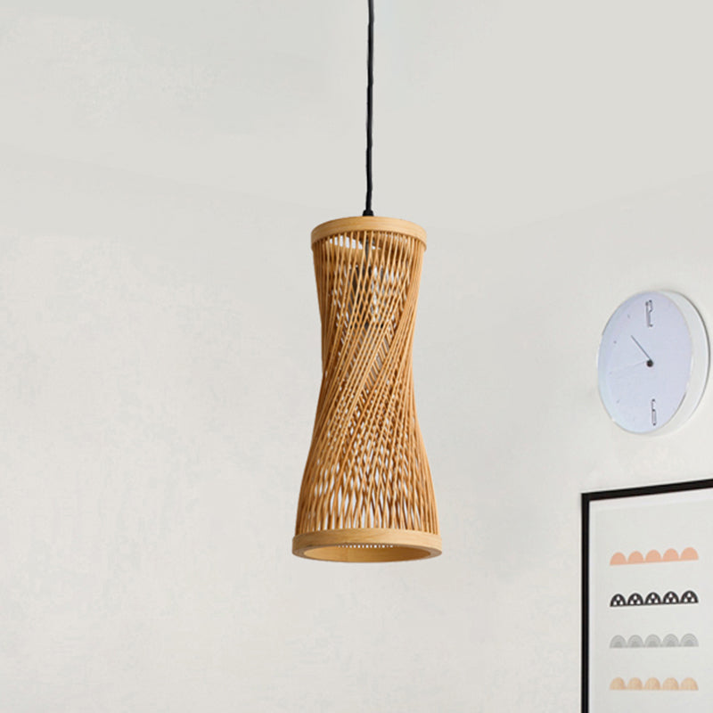 Bamboo Cylinder Hanging Lamp Chic Modern Hanging Pendant Fixture in Beige for Dining Room