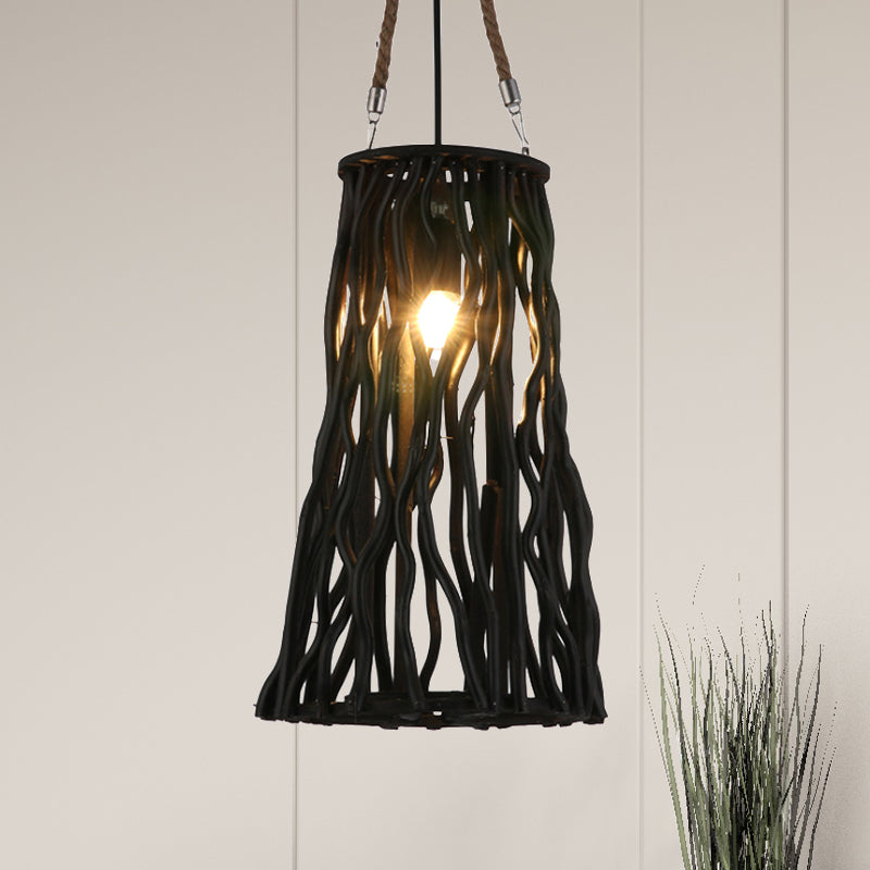 Rustic Barrel/Cone/Globe Pendant Ceiling Light Wood 1 Bulb Dining Room Hanging Lamp in Black