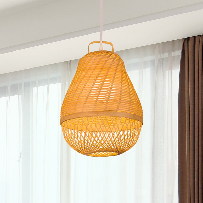 Bird Cage Bamboo Hanging Light Asian Style 1 Light Beige Drop Ceiling Light for Dining Room