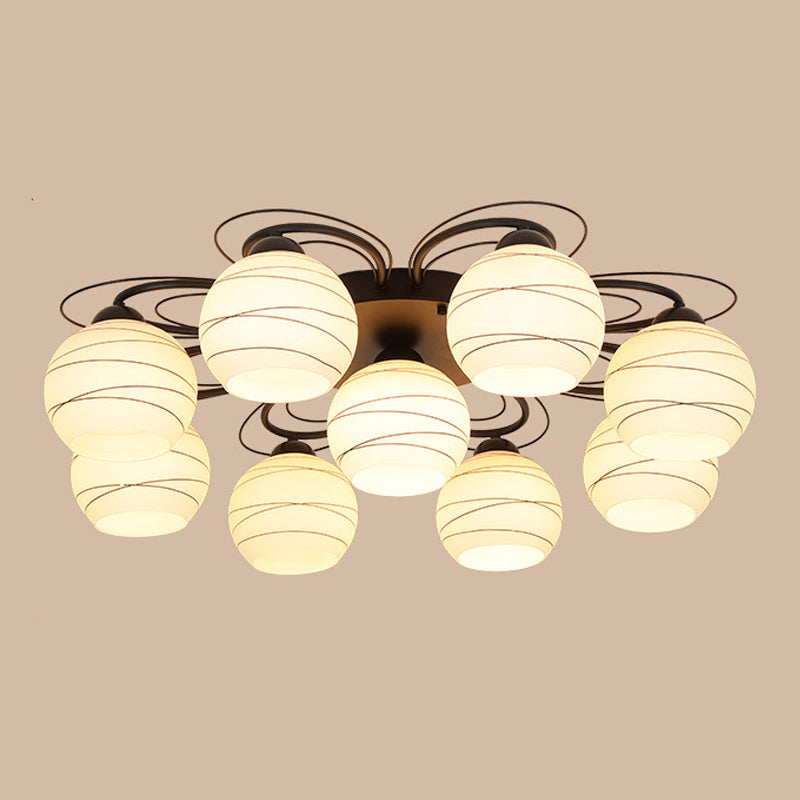 Black Metal Flush Ceiling Light Traditional Multi-Head Flush Mount Lamp with Glass Shade