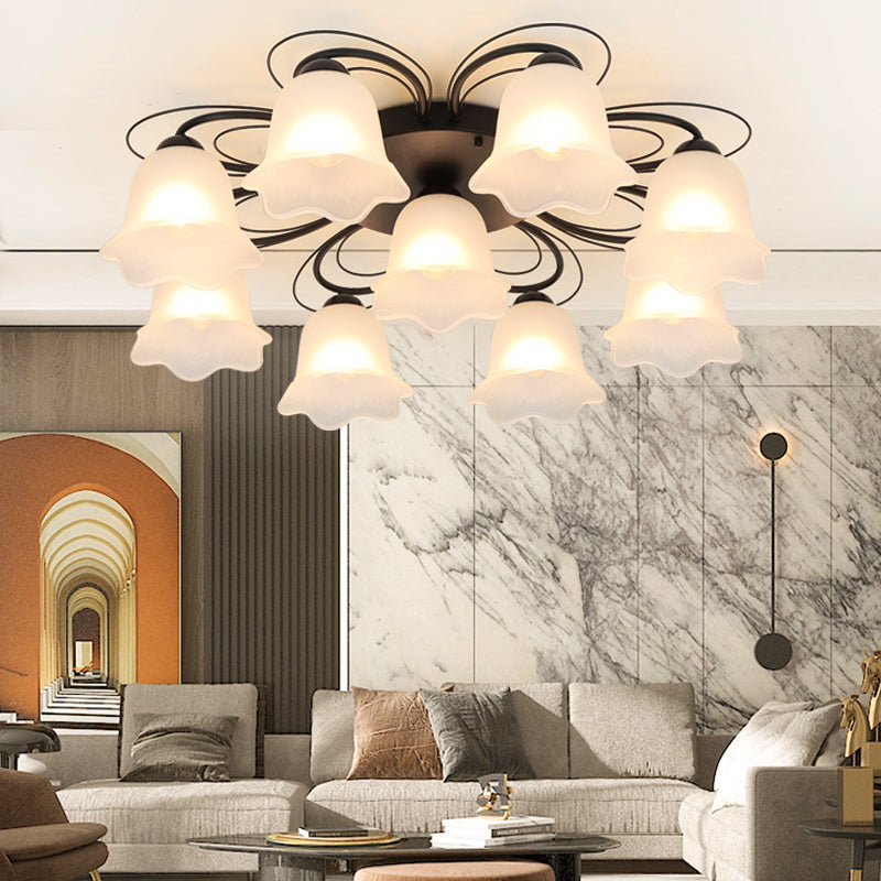 Black Metal Flush Plafond Licht Traditionele Multi-Head Flush Mount Lamp met Glas Shade