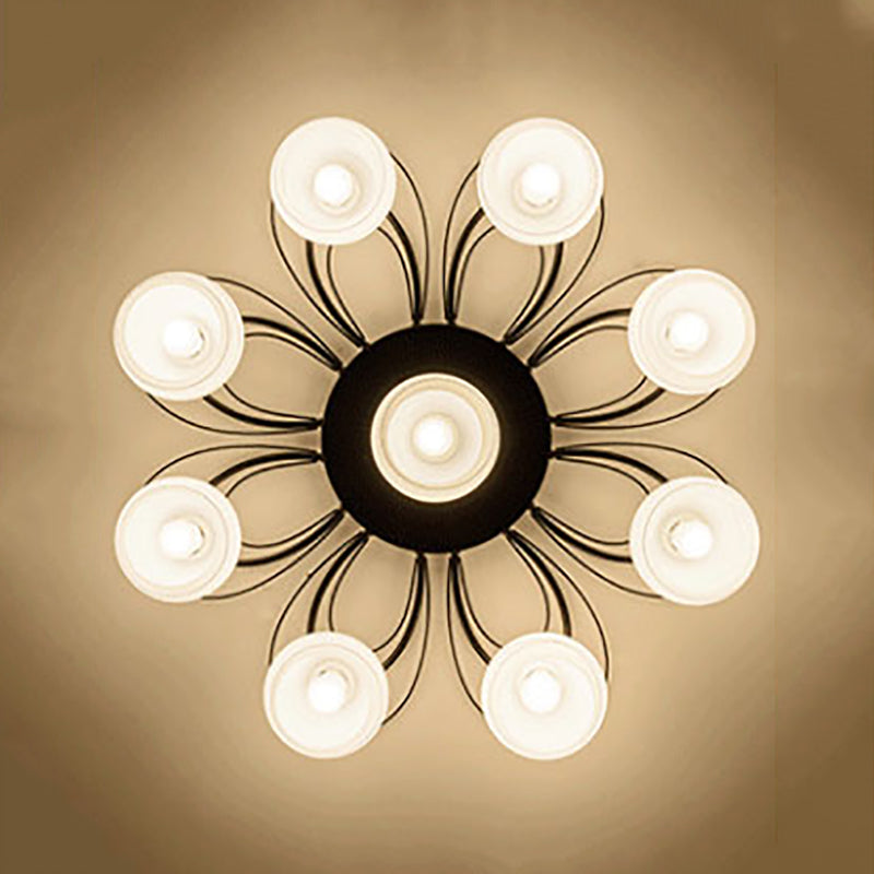 Black Metal Flush Ceiling Light Traditional Multi-Head Flush Mount Lamp with Glass Shade