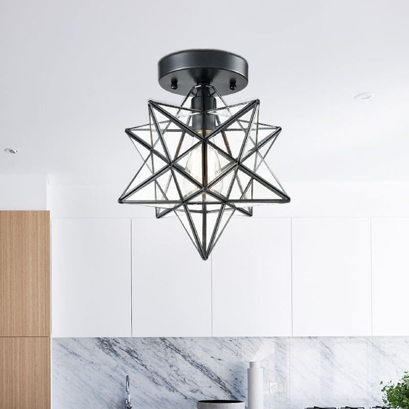 Black One Light Ceiling Mount Modern Clear Glass Star Shade Semi Flush Light for Bedroom