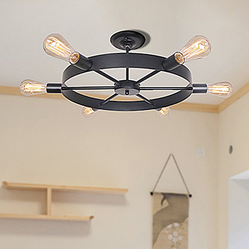 Rudder Restaurant Semi Flush Mount Light with Bare Bulb Vintage Style 6 Bulbs Dining Room Ceiling Light in Black