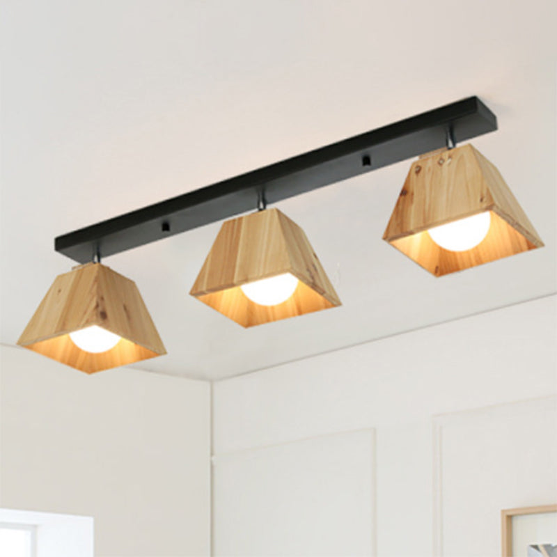 Black/White Linear Semi Flushmount Lamp with Trapezoid Wooden Shade Modern 2/3-Bulb Semi Flush Ceiling Fixture