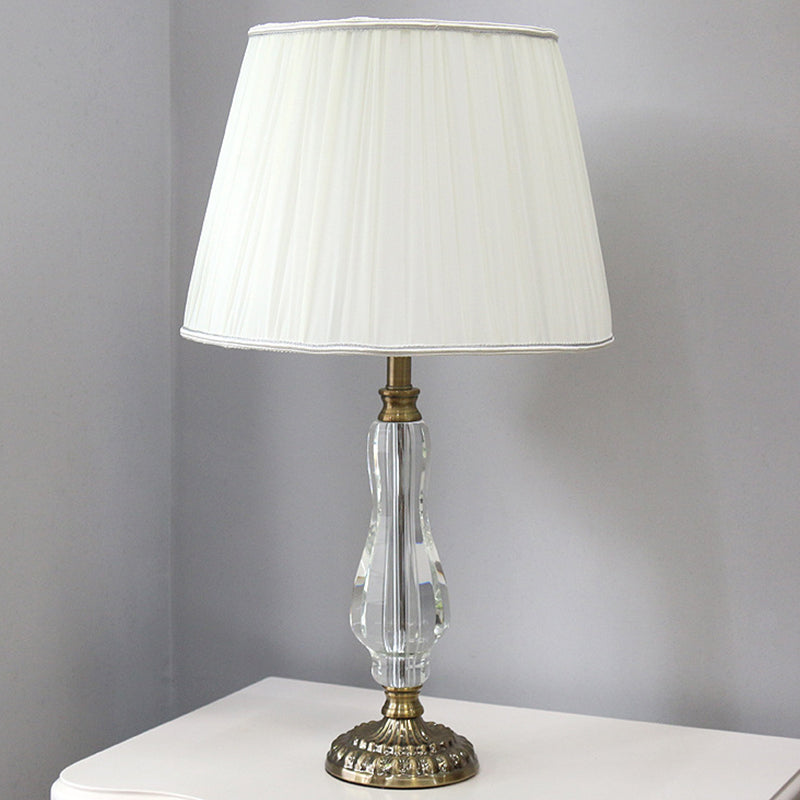 Tapered Drum Crystal Table Light Contemporary Fabric 1 Bulb Small Desk Lamp in White